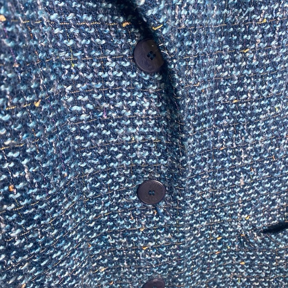 KASPER Royal Turquoise Gold Tweed Notch Collar Three Button Blazer Size 14 - Picture 4 of 6